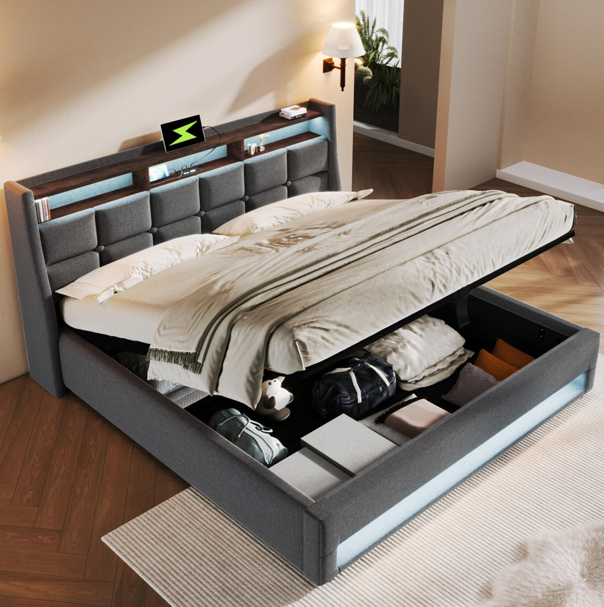 POLSTERBETT mit Stauraum und USB 160x200 cm Grau - Grau, Metall (160/200cm) - Meubliv