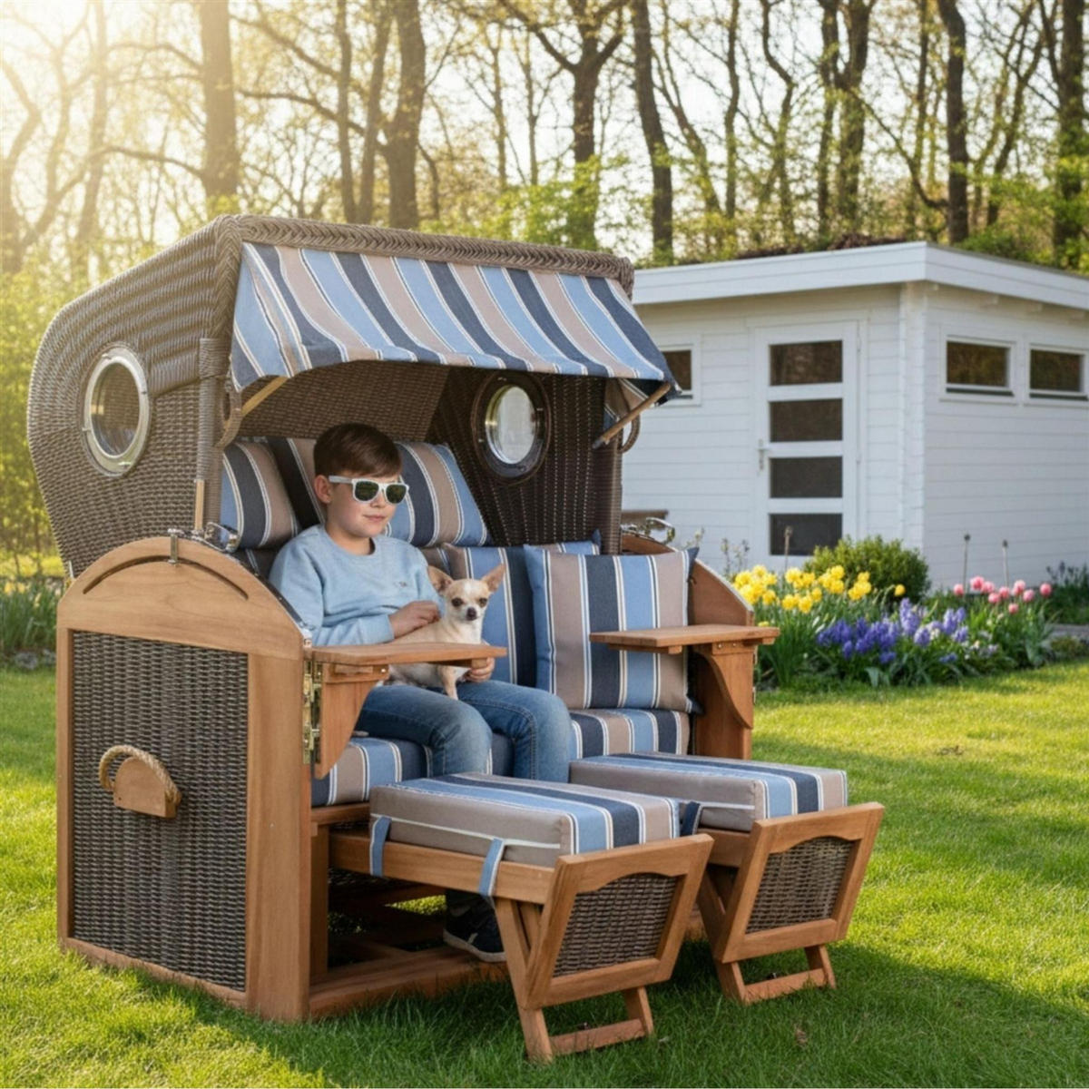 STRANDKORB XL Schillig Bullauge - Blau/Braun, Metall (142/170/95cm) - Mr. Deko
