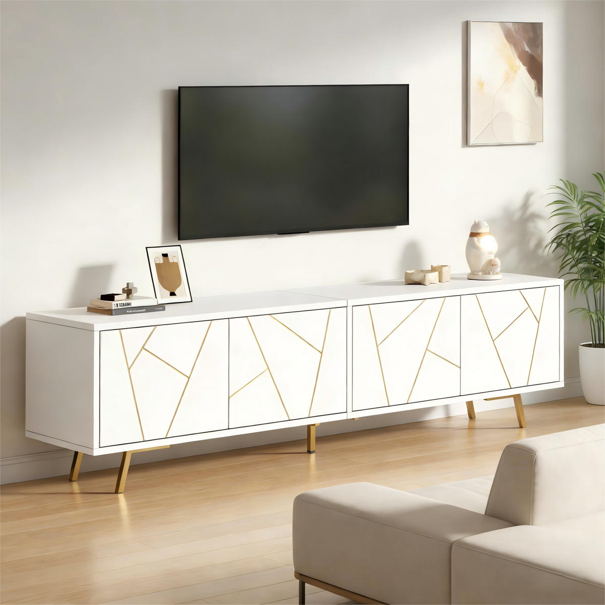 TV-LOWBOARD 190x40x51.5 cm Weiß Gold 4 Türen 5 Metallbeine - Weiß, Holzwerkstoff (40/51.5/190cm) - FLIEKS