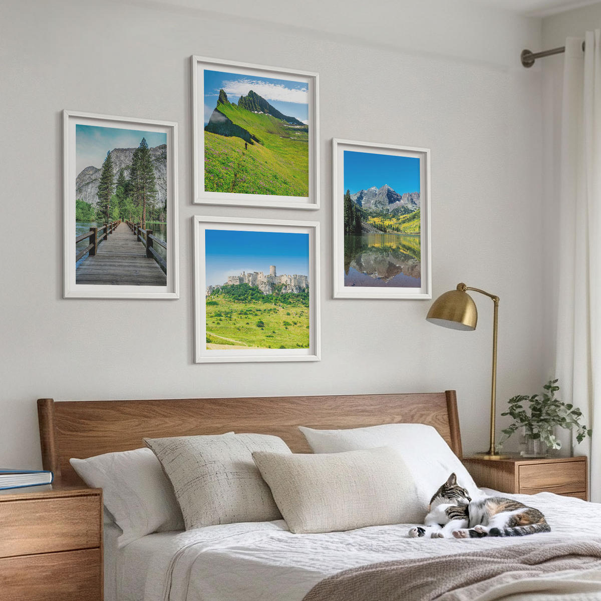 WANDBILDER 4er-Set - 50x50 cm & 40x60 cm Weißer Rahmen - Grüne Hügel mit einer Burg - Weiß, Kunststoff (50/50cm) - ArtPrintCave