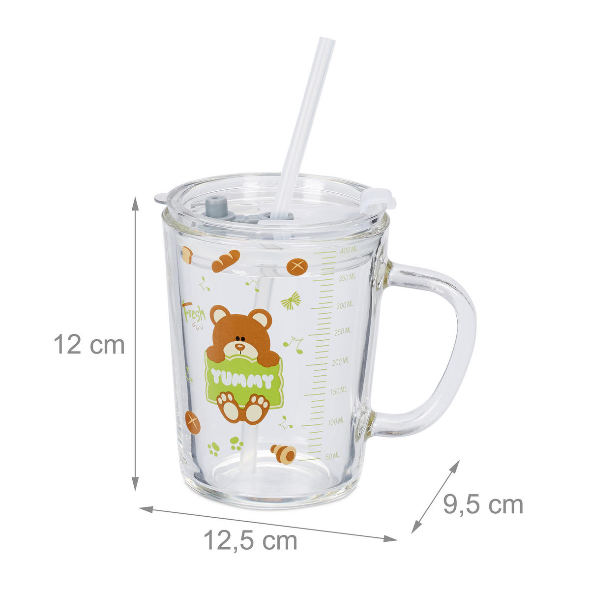 GLAS Transparent 2-pack barn med björnmotiv 400 ml - Transparent, Glas/Plast (0.4L) - Relaxdays