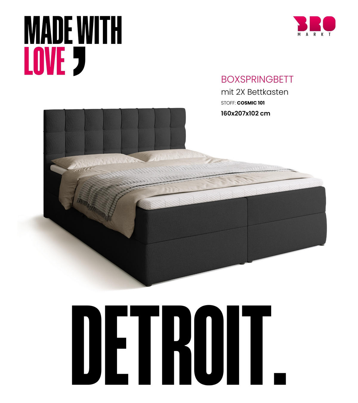 BOXBETT Detroit mit Topper 160/200 Anthrazit - Anthrazit, Holzwerkstoff/Textil (160/200cm) - Bromarkt