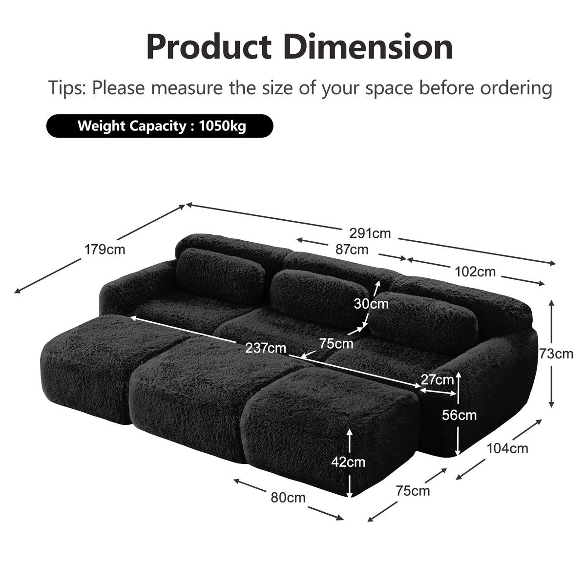 3-SITZER Sofa 291x179x73 cm aus Plüschstoff rahmenlos modular mit 3 Ottomans, schwarz - Schwarz, Textil (179/73/291cm)