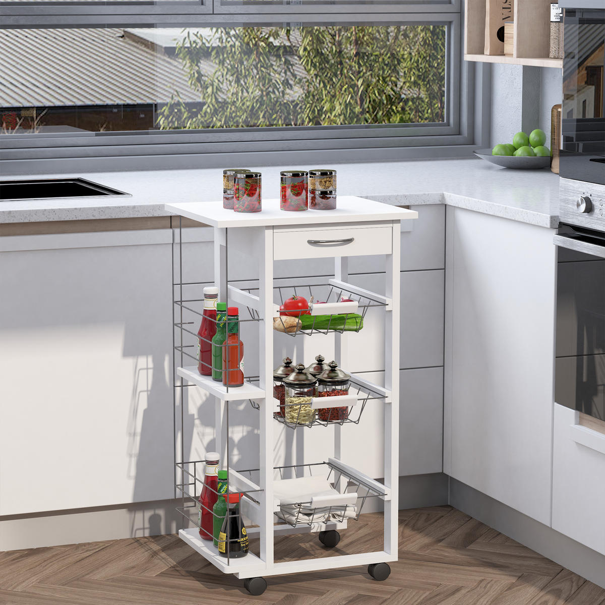 SERVIERWAGEN DE-17093 3 Metallkörbe, Schublade & 2 Flaschenhalter Weiß - Weiß, Holzwerkstoff (37/83/47cm) - ComfortXL