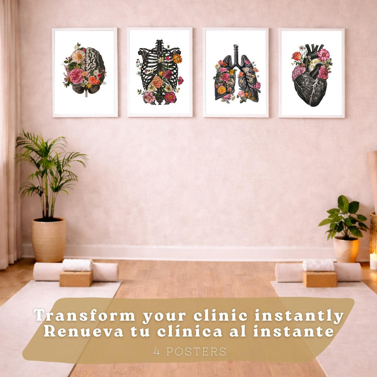 POSTER Set aus 4 Anatomie Drucke und Dekorative mit Gehirn Herz Lungen Atmungssystem Rippen Wirbelsäule Modernes Florales Größe Weißer Rahmen A4 - Weiß, Papier (21/29.7/3cm) - Nacnic