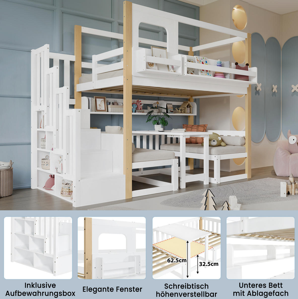 ETAGENBETT 90/200 cm weiß/natur aus Kiefer und MDF mit Klapptisch - Weiß, Holz (90/200cm) - OKWISH