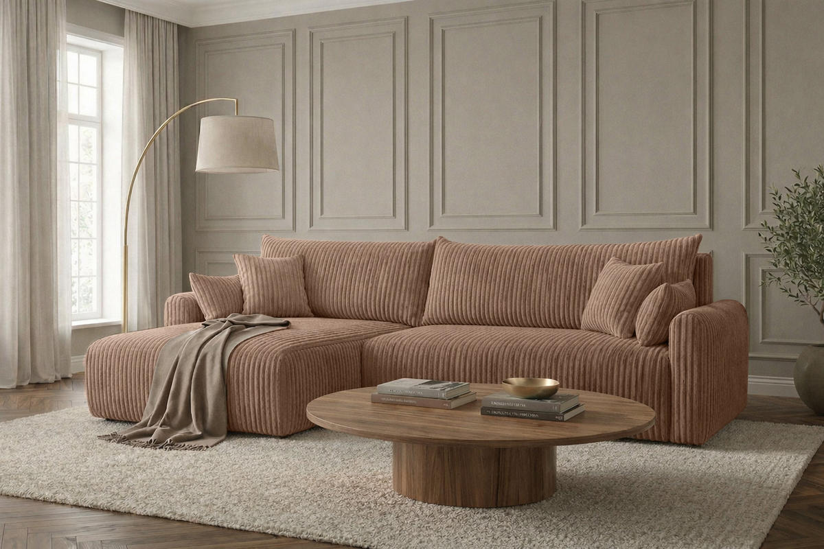 ECKSOFA Mit Schlaffunktion, Cordstoff Tilia, Braun, Links, JAPANDI - Braun, Holz (262/145cm) - Kaiser Möbel