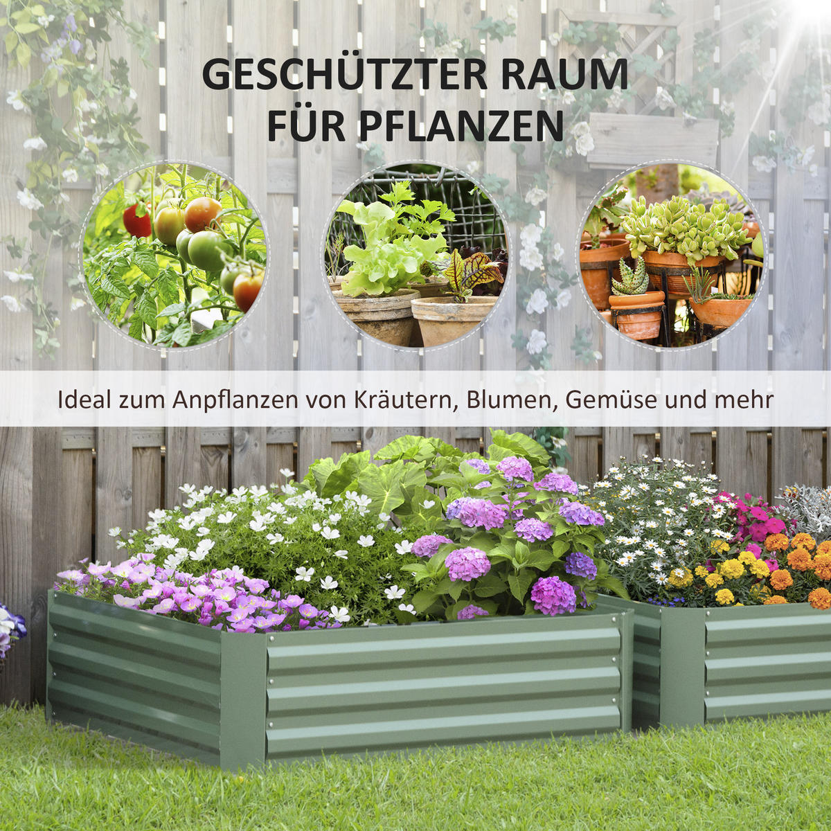PFLANZENBEET-SET, Pflanzkübel, Blumenkübel für Garten, Terrasse, Verzinkter Stahl, Grün, 100 x 100 x 30 cm - Grün, Metall (100/30/100cm) - Outsunny
