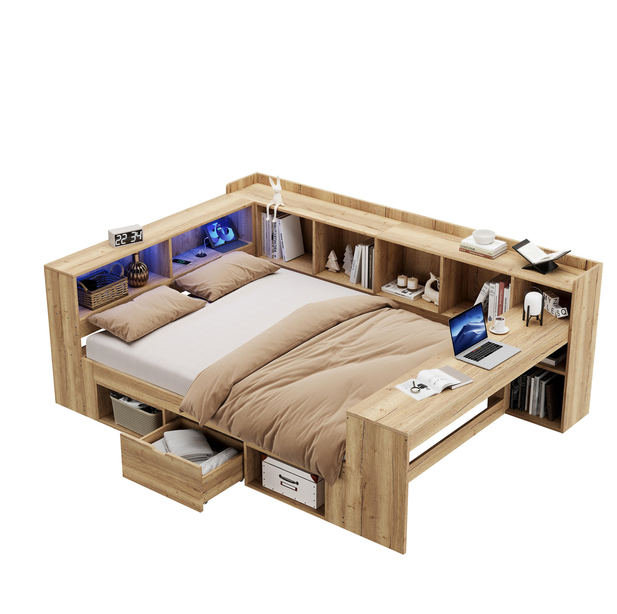 KINDERBETT 140/200 cm natur aus MDF mit LED, USB-C und Schreibtisch - Naturfarben, Holzwerkstoff (140/200cm) - OKWISH