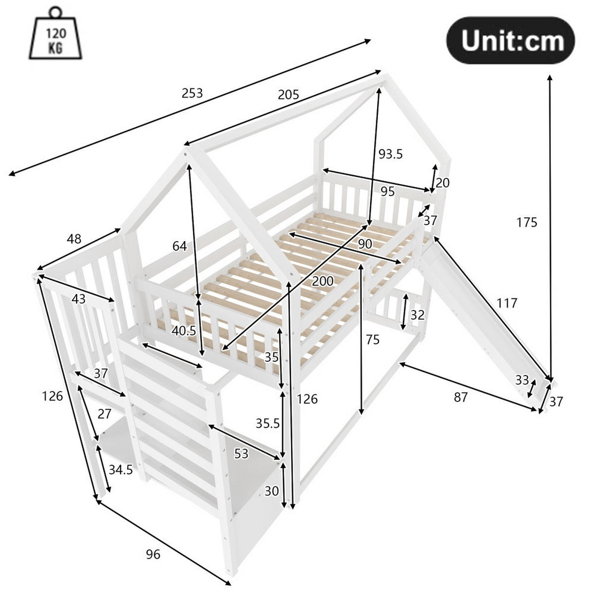 KINDERBETT 90x200 cm, Etagenbett mit Treppe, Stauraum, Rutsche & Schutzgitter, ohne Matratze, weiß - Weiß, Holz (90/200cm)