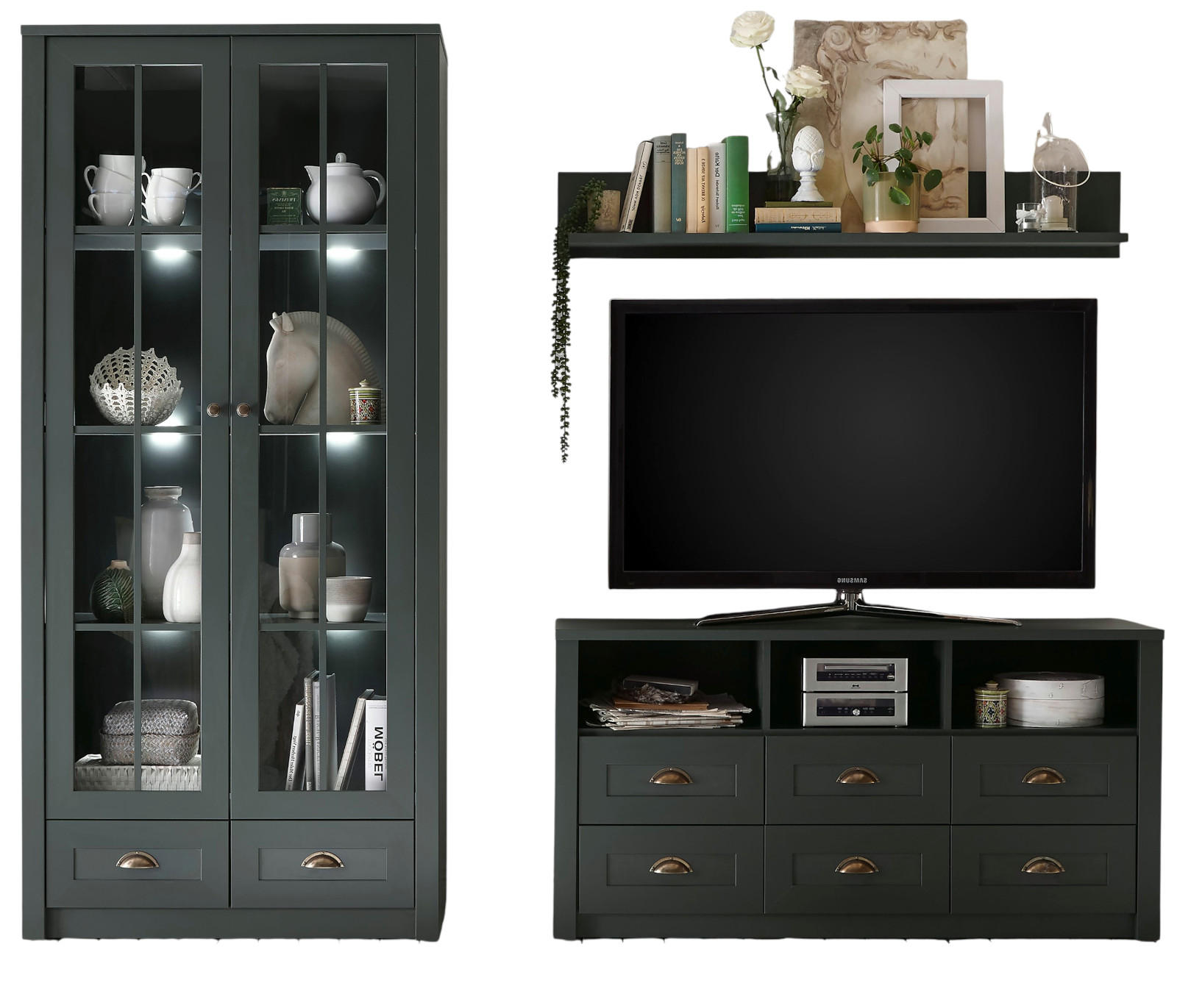 WOHNWAND grün Landhaus 3-teilig 240 cm, Wohnkombination mit viel Stauraum - Chromfarben/Schwarz, Glas/Holzwerkstoff (240/198/43cm) - Furn.Design