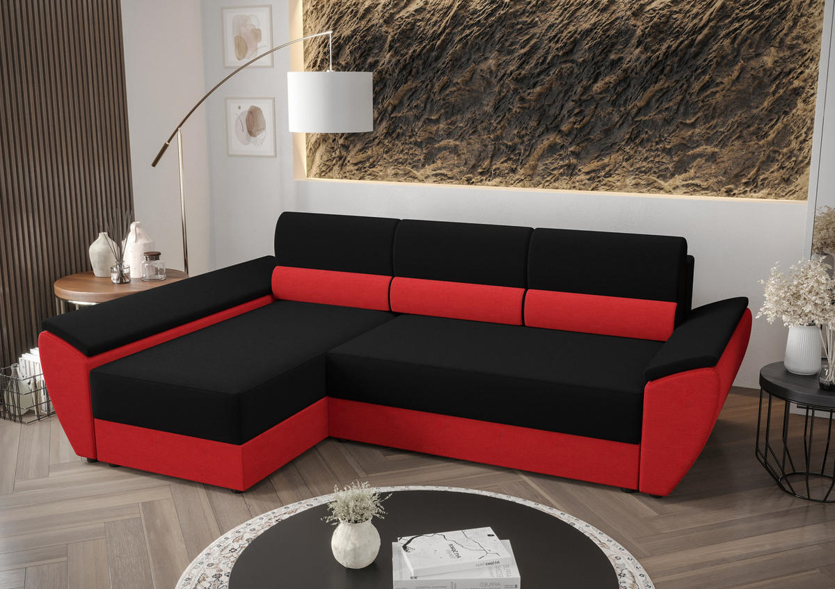 ECKSOFA L REBI L3 Rainbow 15/22 Links mit Schlaffunktion, Schwarz/Rot - Rot/Schwarz, Textil (251/140cm)