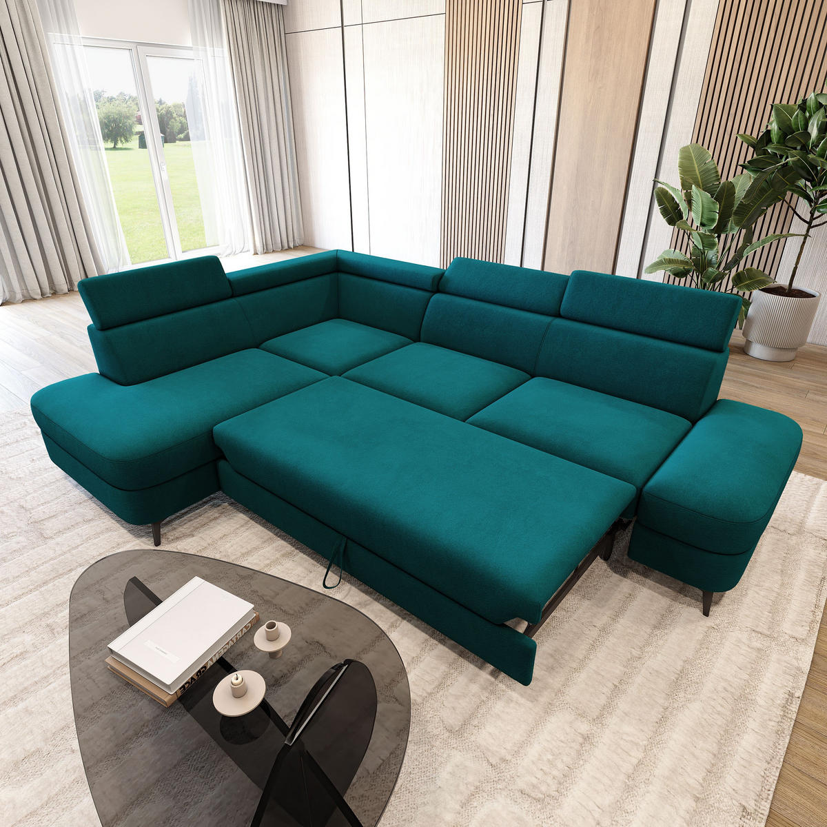 ECKSOFA AVISE MV L-S Blau Velours-Stoff mit Schlaffunktion - Blau, Holzwerkstoff/Textil (268/195cm) - MASSENO