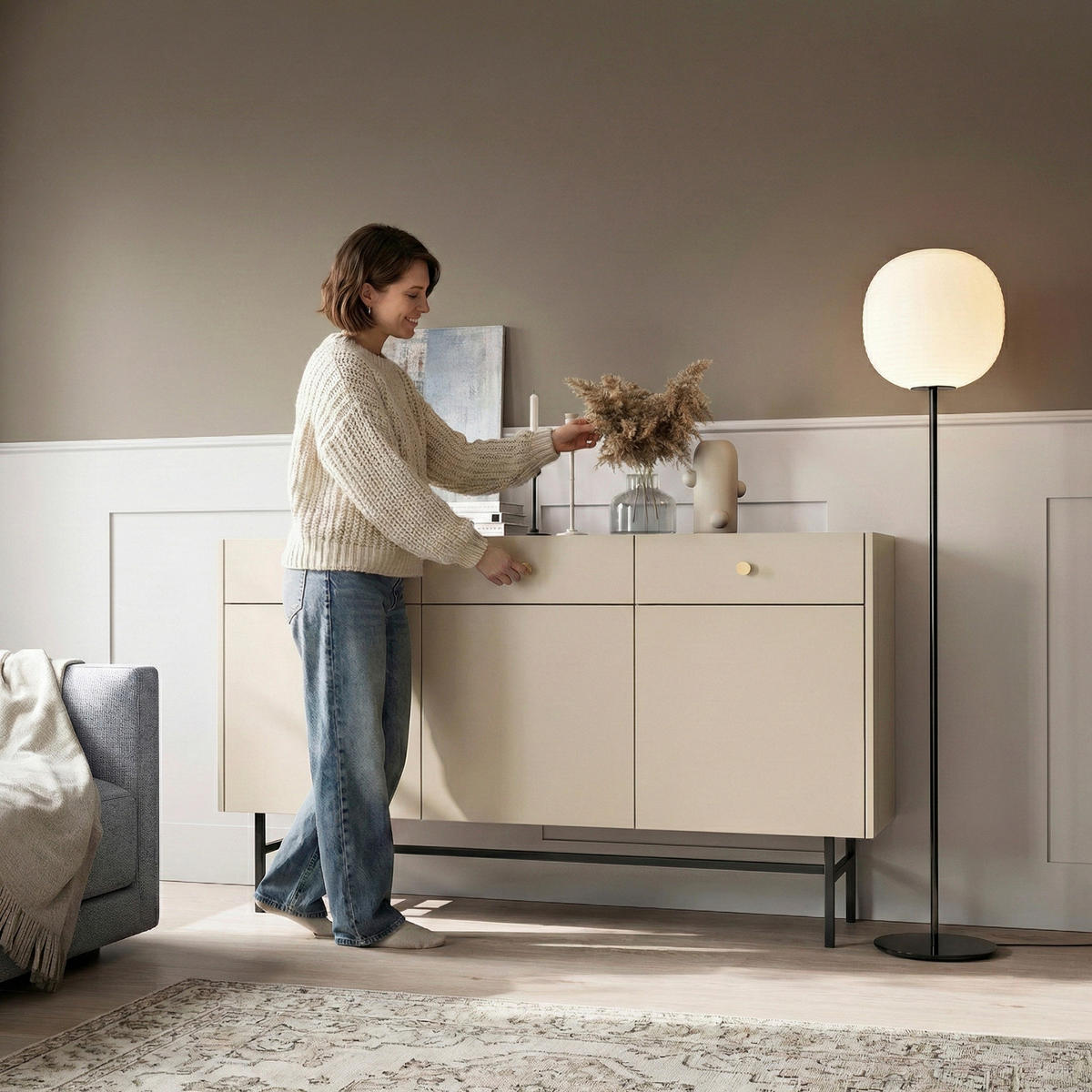 KOMMODE Dalia mit 3 Türen und 3 Schubladen, 104 cm, Kaschmir - Kaschmir/Schwarz, Holzwerkstoff/Metall (155/84/39cm) - Beautysofa