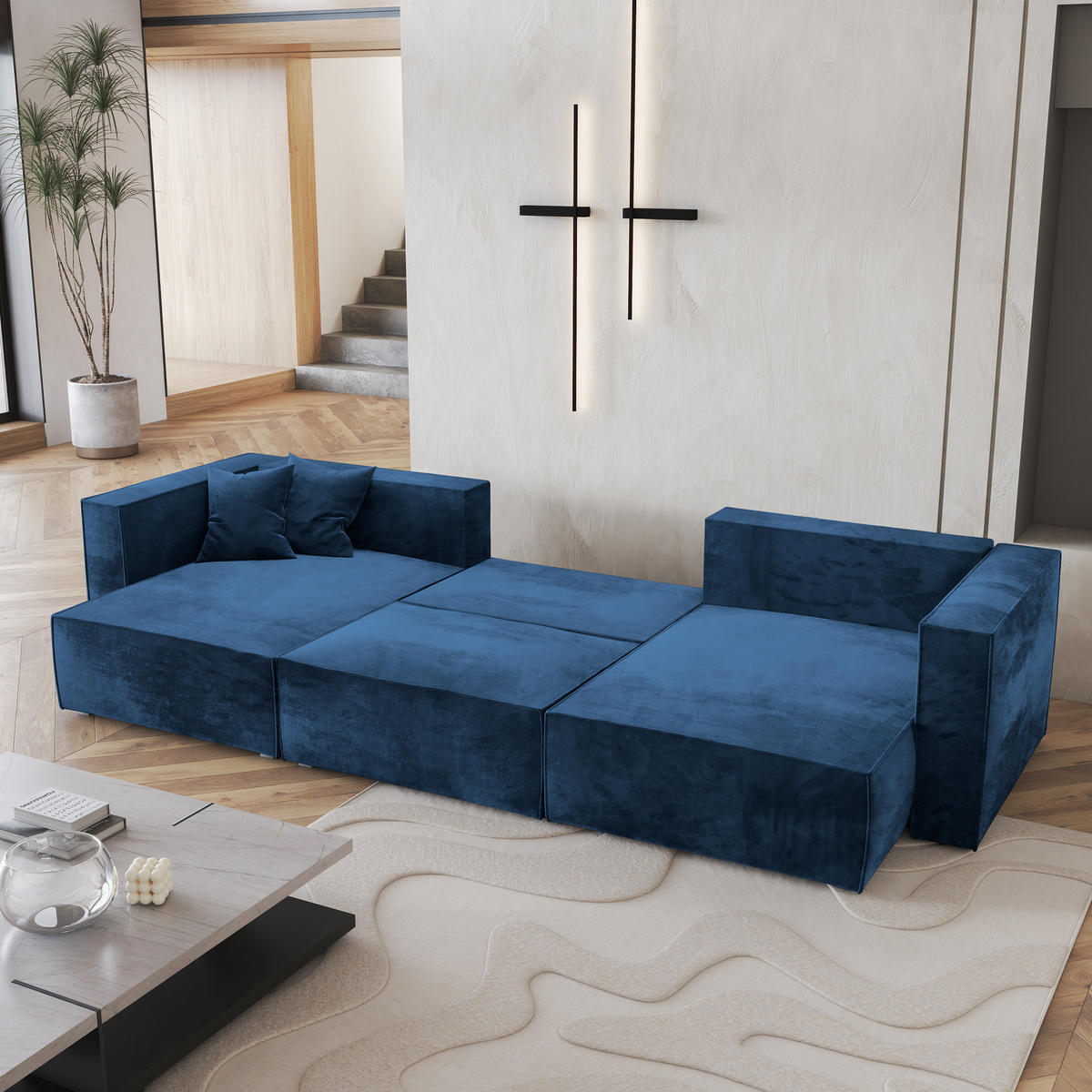 WOHNLANDSCHAFT SARMO M Blau Velours-Stoff mit Schlaffunktion - Blau, Holz (347/70/148cm) - MASSENO