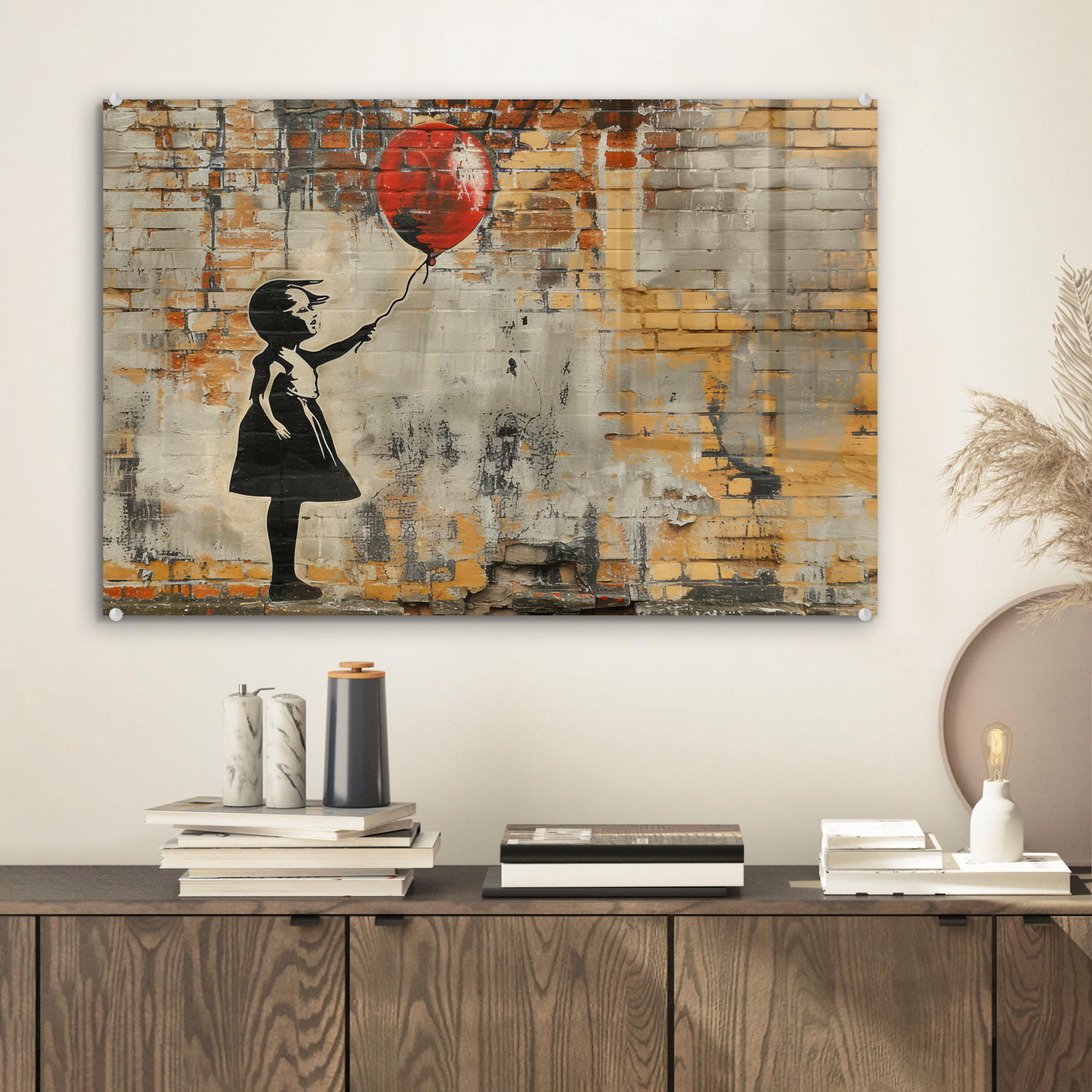 ACRYLGLASBILD Graffiti - Banksy - Mädchen - Straßenkunst 60x40 cm - Sandfarben, Glas (60/40cm) - MuchoWow