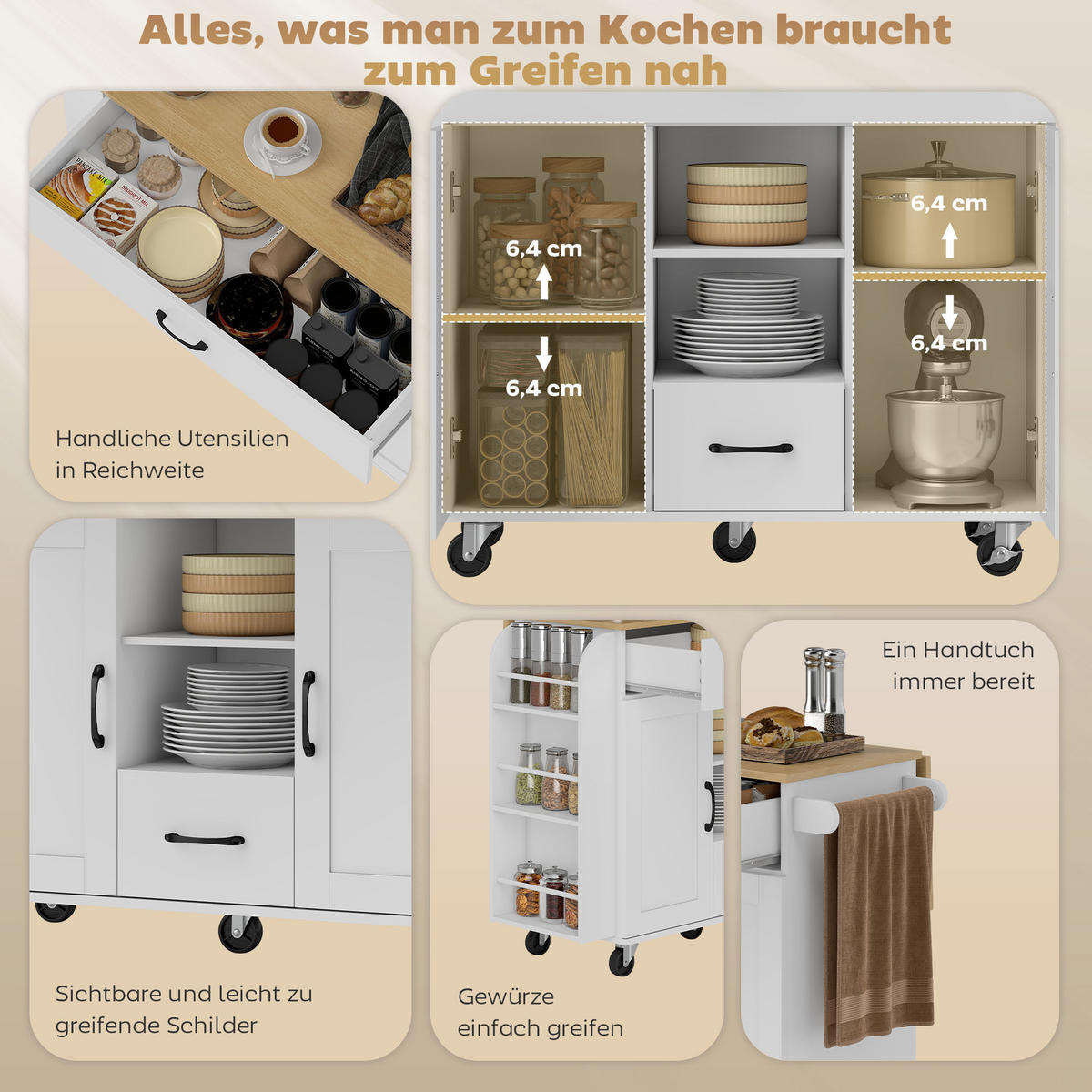 KÜCHENINSEL Küchenwagen auf Rollen mit 2 Schubladen, 2 Soft-Close-Türe Weiß - Schwarz/Weiß, Holzwerkstoff/Metall (70/89/115cm) - HOMCOM