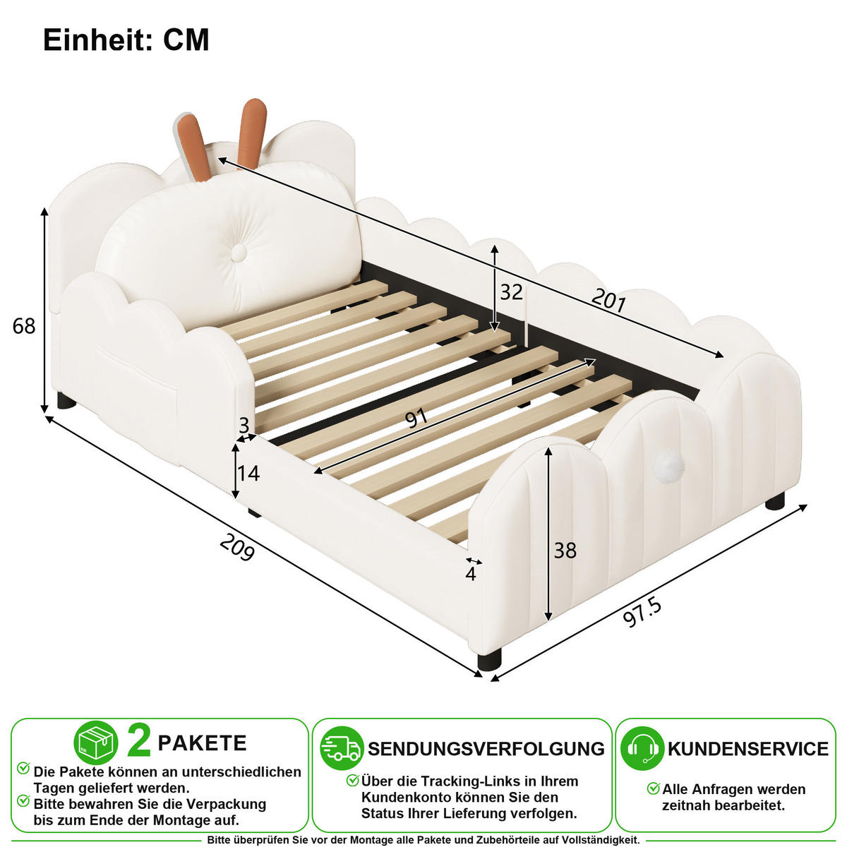 KINDERBETT 90/200 cm in Beige Samt mit Schutzgeländern und Kaninchenkissen - Beige, Holzwerkstoff/Textil (90/200cm) - CHICFURN