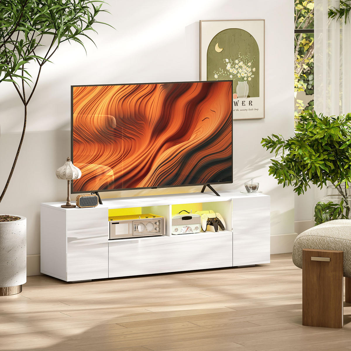 TV-LOWBOARD Weiß 137/35/42 cm, LED-Beleuchtung, Hochglanz-Front - Weiß, Holzwerkstoff (137/42/35cm) - PANGIVO