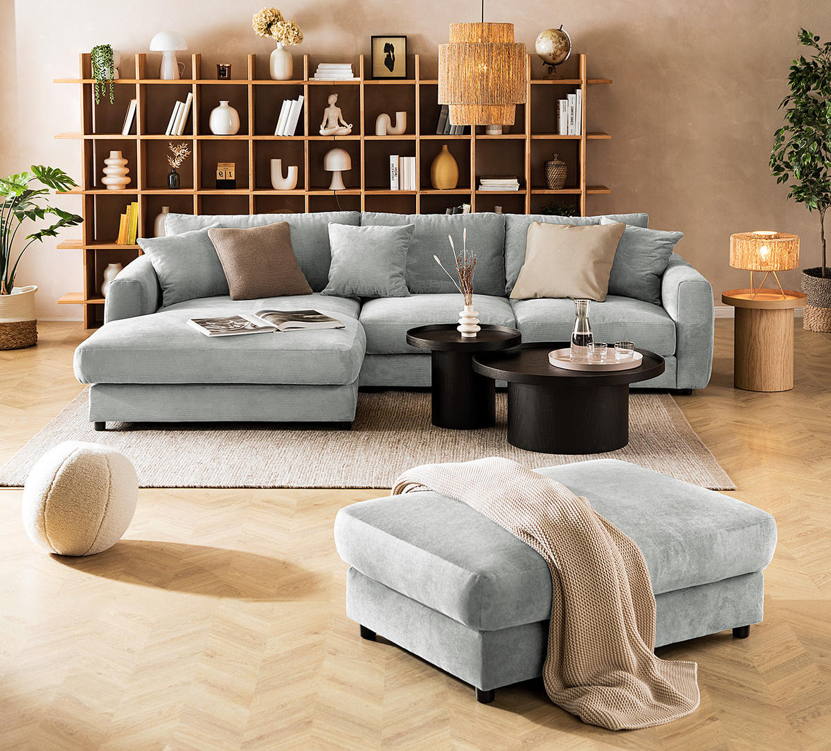 ECKSOFA mit Longchair - Schwarz/Grau, Holz/Kunststoff (286/183cm) - home24