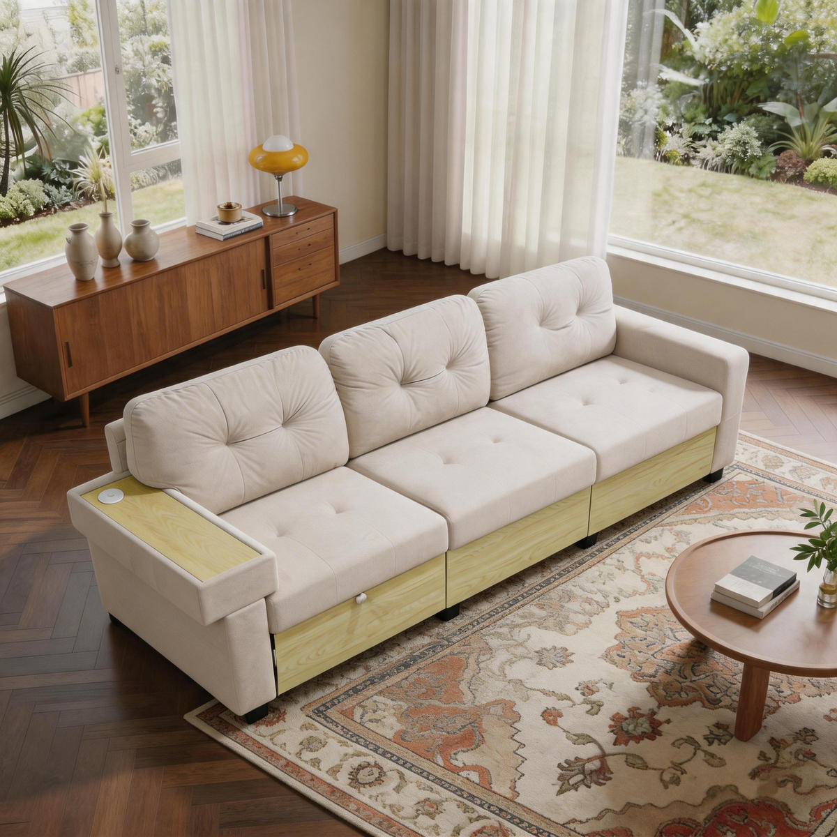 ECKSOFA 228/115/78 cm Beige mit Ausziehbarer Fußhocker, USB-Anschluss und Aufbewahrungstasche - Beige, Textil (228/80cm) - Oxeza