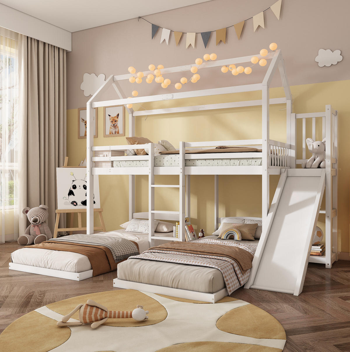 ETAGENBETT 90/200 cm mit Rutsche, Leiter, Dachdesign und 3 Schlafplätzen, Kiefer/MDF, Weiß - Weiß, Holz (90/200cm) - Redom