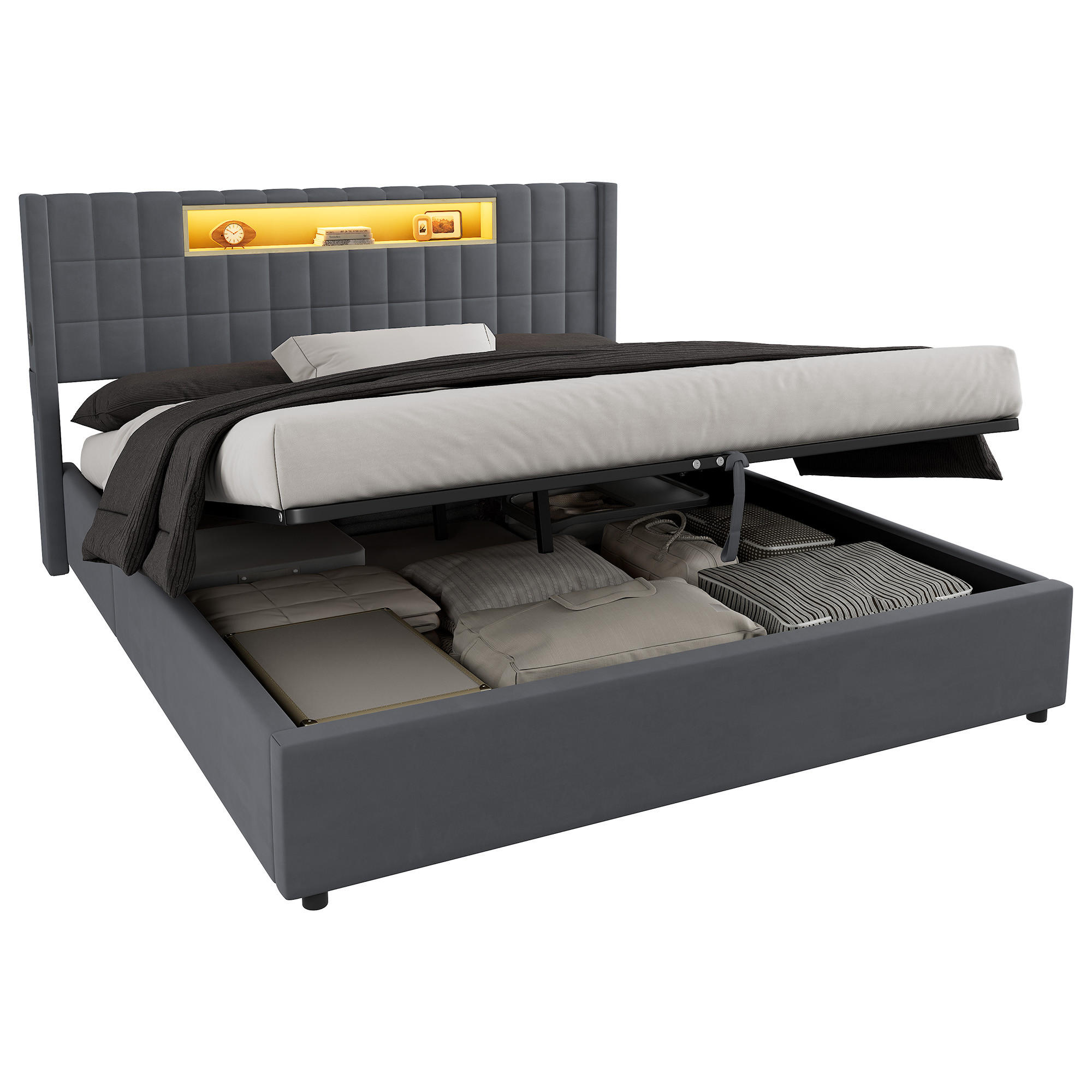 POLSTERBETT 180×200 mit Hydraulische Bettkasten und LED Beleuchtung in Grau, ohne Matratze - Grau, Holzwerkstoff/Textil (180/200cm) - STILVORA