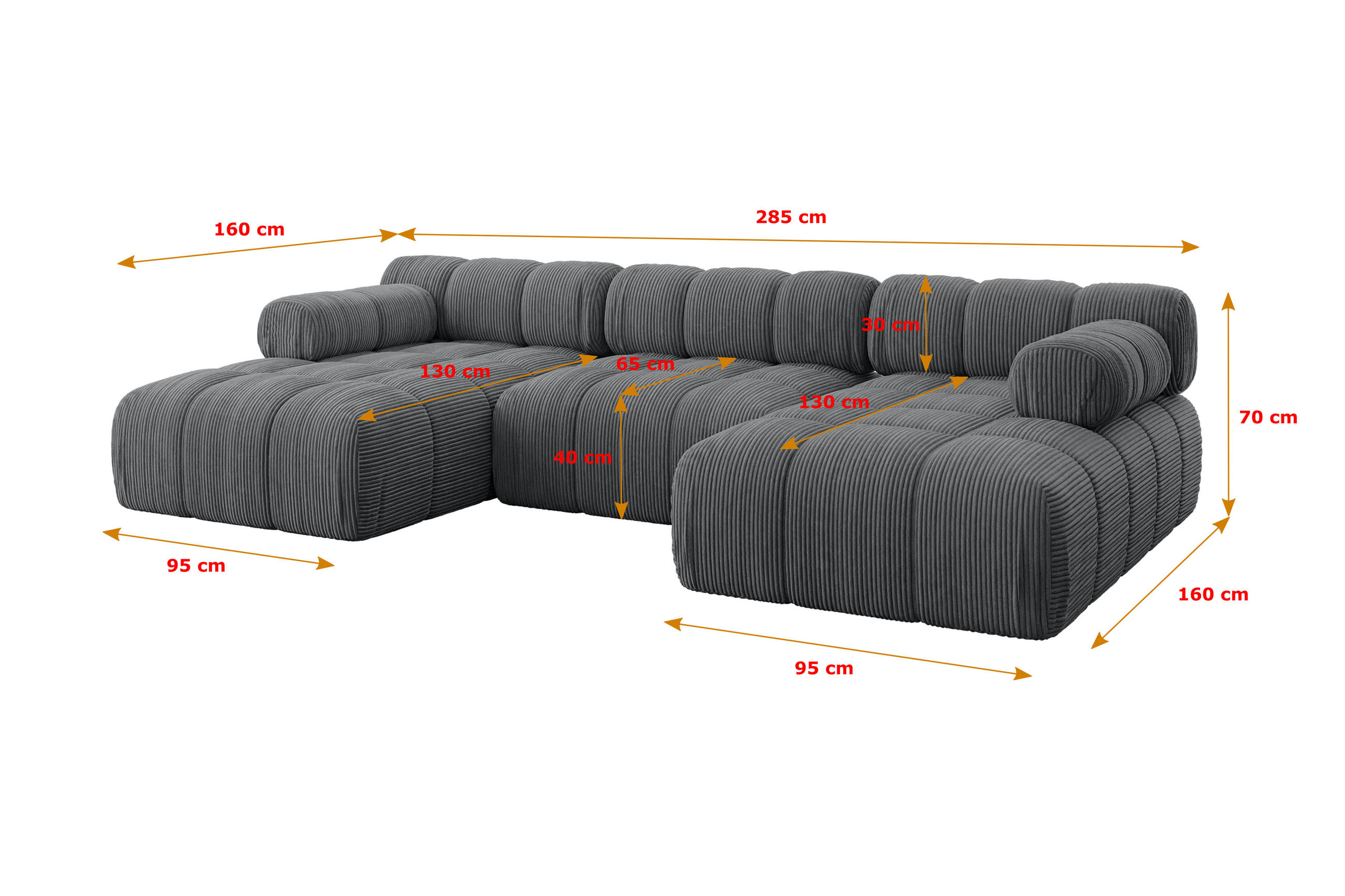 Altdecor Wohnlandschaft Dunkelgrau 285x70x160 cm