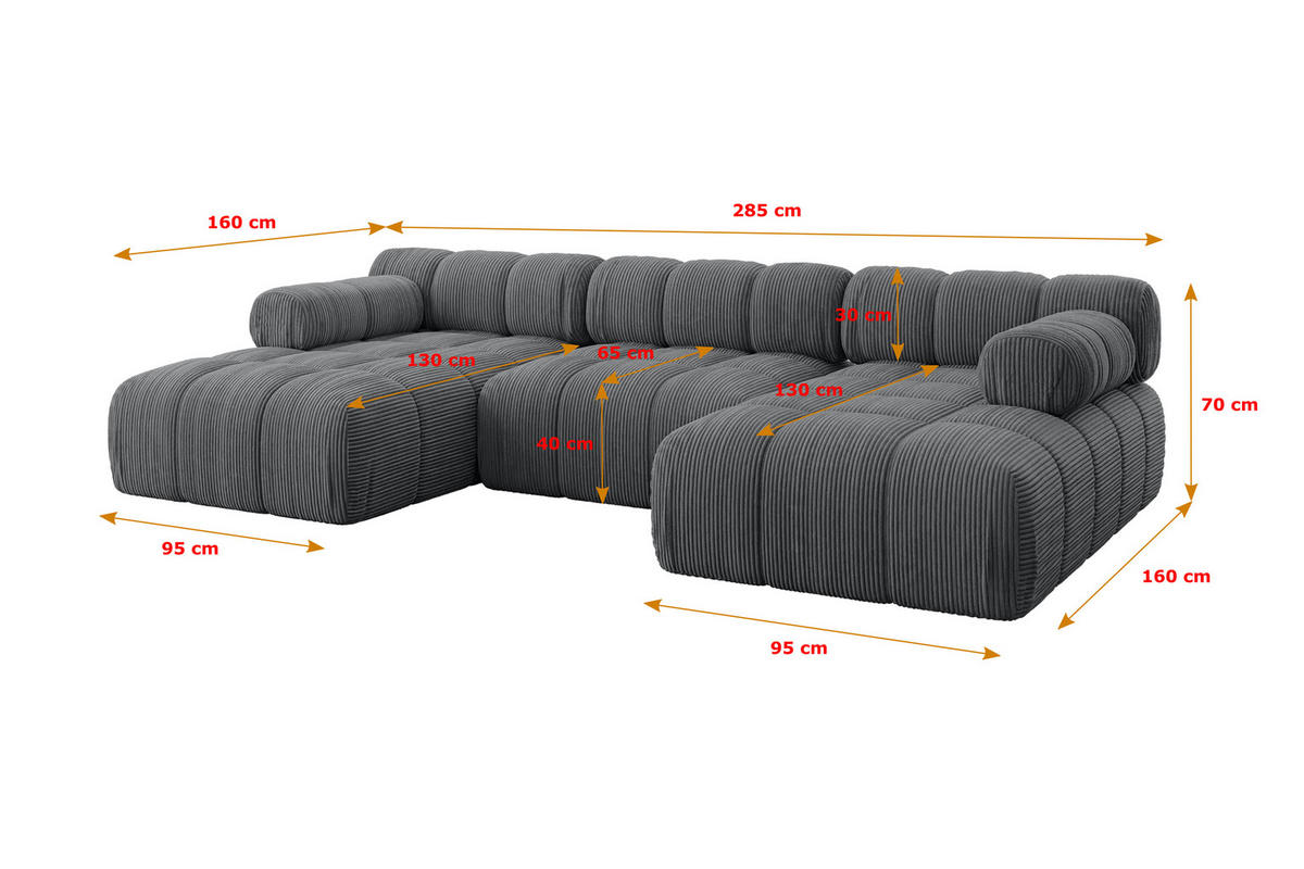 WOHNLANDSCHAFT modulares Sofa Tesso-U1 - 285x160x70 cm Dunkelgrau Cord - Dunkelgrau, Holzwerkstoff/Textil (285/70/160cm) - ALTDECOR