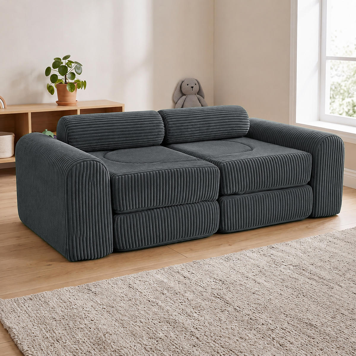 KINDERSOFA Anthrazit modular 10-tlg. - Anthrazit, Kunststoff/Textil (108/32/50cm) - Relaxdays