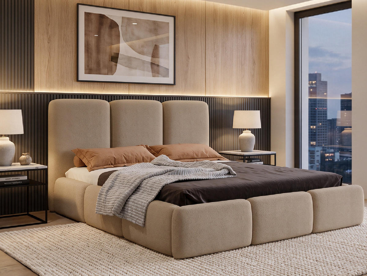 POLSTERBETT VARDO 180x200 cm mit Bettkasten, Stauraum und Metall-Lattenrost – Bouclé Stoff Beige - Beige/Schwarz, Textil/Metall (180/200cm) - Luxkor24