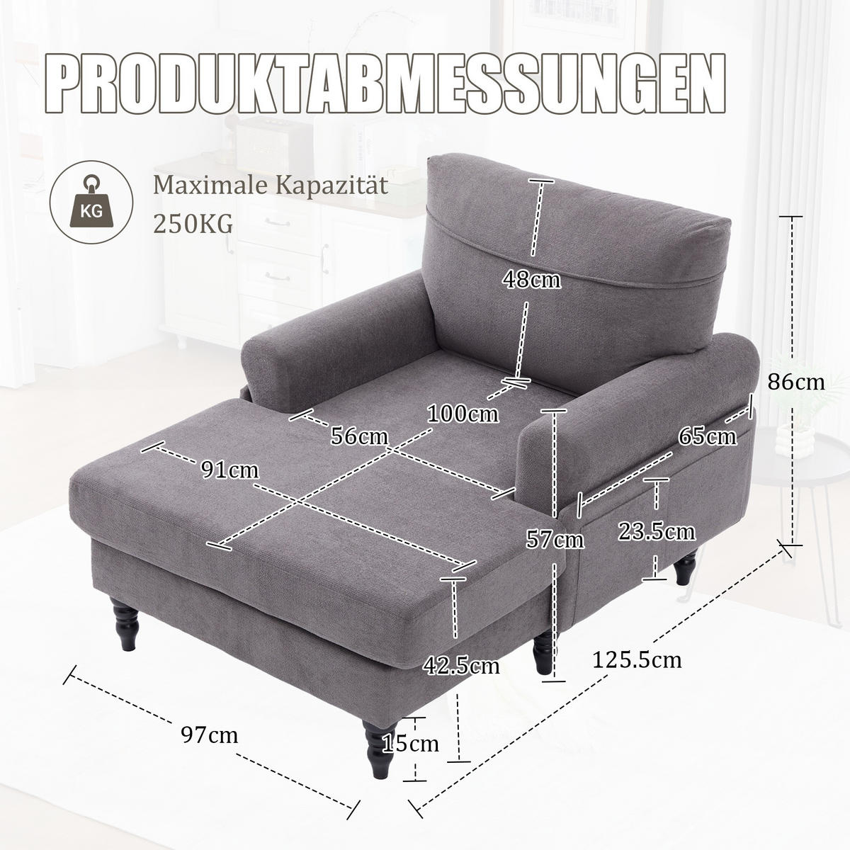 RELAXSESSEL Liege,hochdichte Polsterung,Seitentaschen,Chenille,Grau - Grau, Textil (97/86/125.5cm) - LVHOM