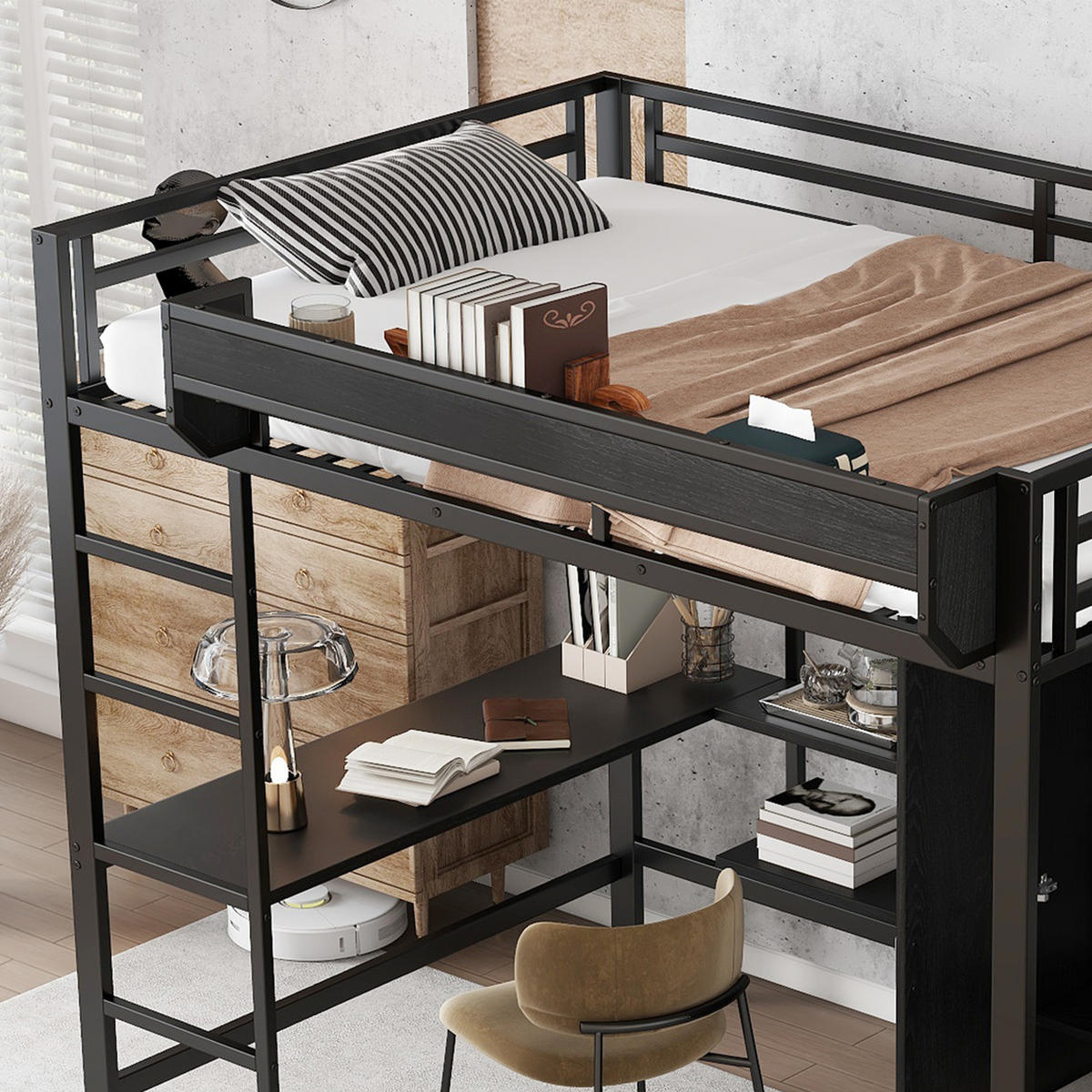 HOCHBETT 140/200 cm in Schwarz mit Schreibtisch, Kleiderschrank und Ablage aus Metall & MDF - Schwarz, Holzwerkstoff/Metall (90/200cm) - STILVORA