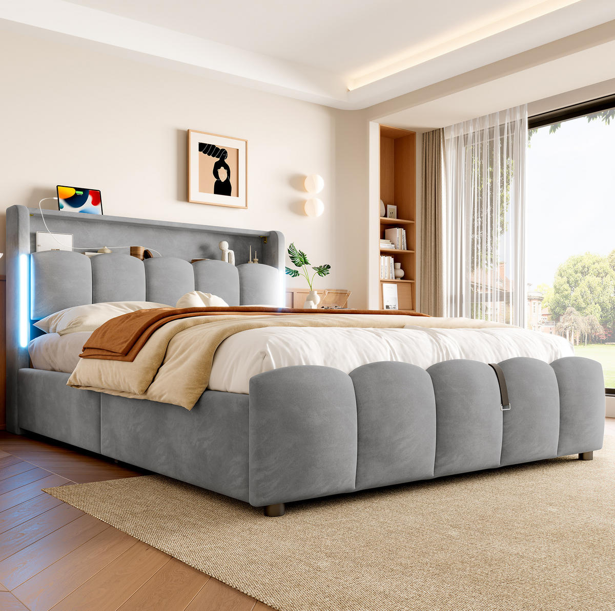 ČALÚNENÁ posteľ zo zamatu 140x200 cm sivá s LED osvetlením, úložným priestorom, USB a Typ-C - sivá, textil (140/200cm) - Modfu