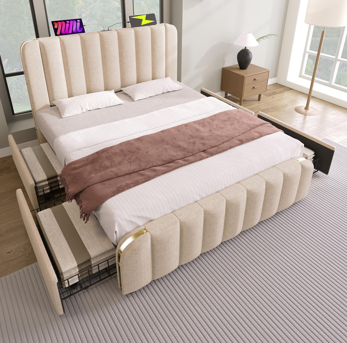POLSTERBETT 160/200 cm Beige mit 4 Schubladen und USB-Typ-C-Anschluss mit Matratze - Beige, Textil (160/200cm) - OKWISH