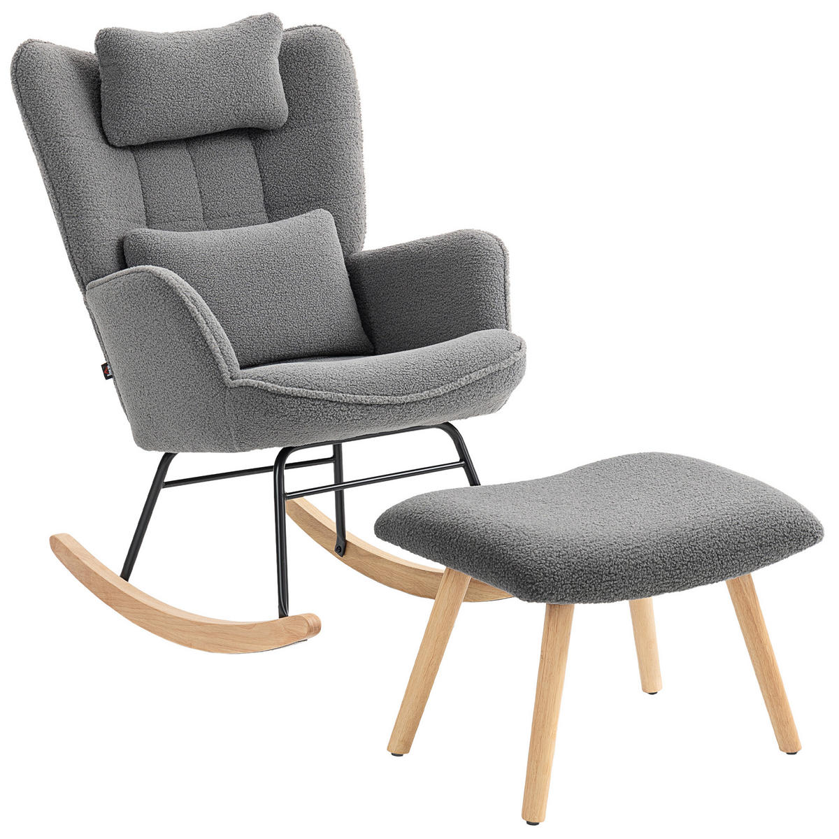 SCHAUKELSTUHL mit Fußhocker, weicher Fleece-Bezug, Holzbeine, Dunkelgrau - Dunkelgrau/Buchefarben, Holz/Buchenholz (70.5/99.5/101.5cm) - HOMCOM