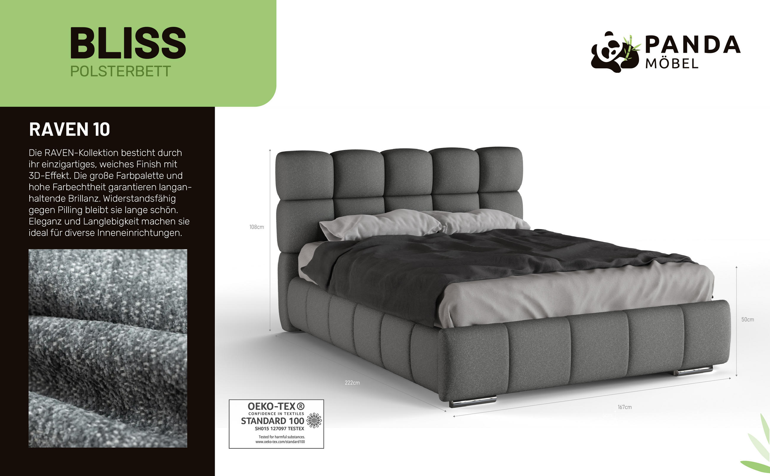Thumbnail - Panda Möbel Polsterbett, Dunkelgrau, Holz, Mode, 140x200 cm, Oeko-Tex® Standard 100, Schlafzimmer, Betten, Polsterbetten