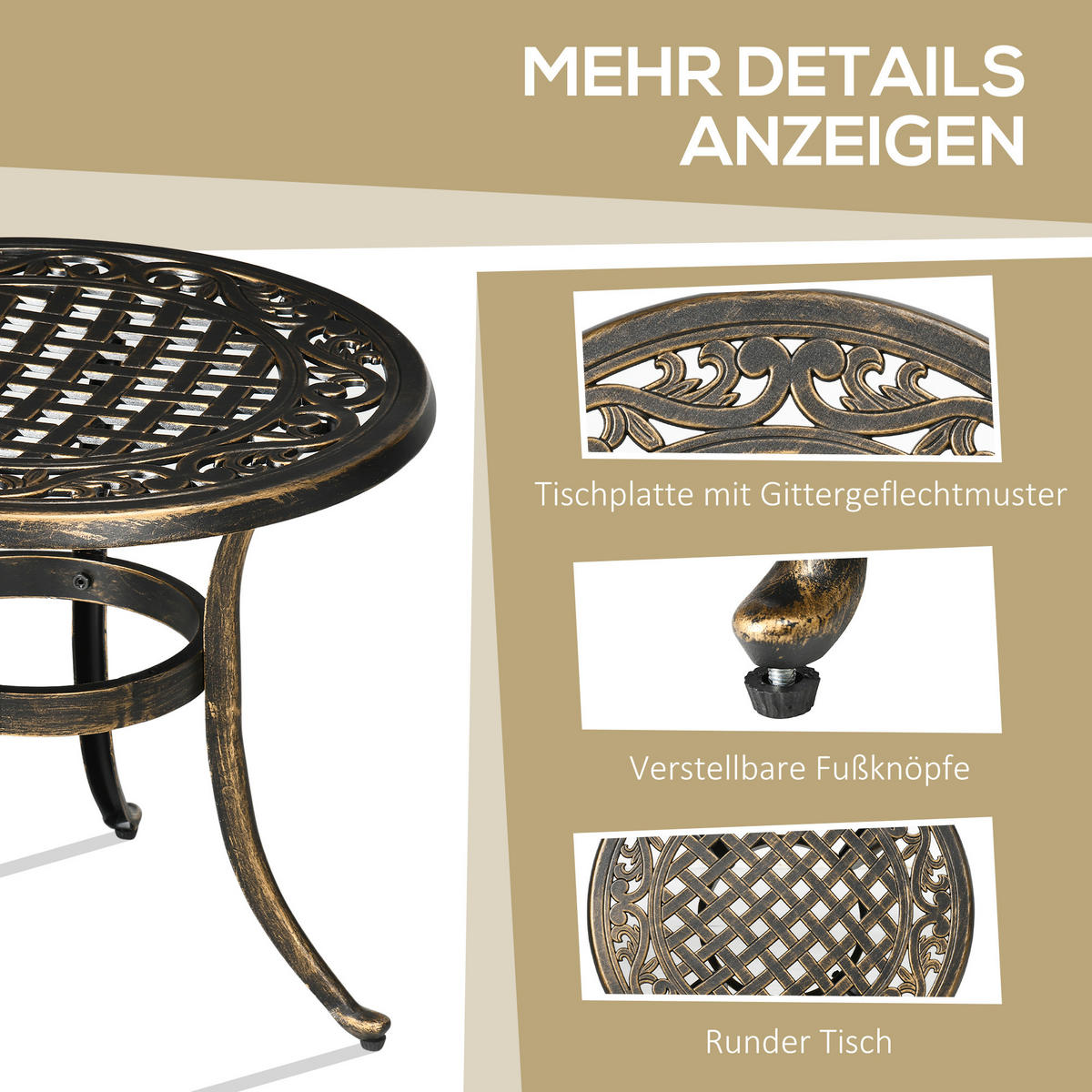 GARTENBEISTELLTISCH rund Bronze 60/60/52,50 cm - Bronzefarben, Metall (60/60/52.5cm) - Outsunny