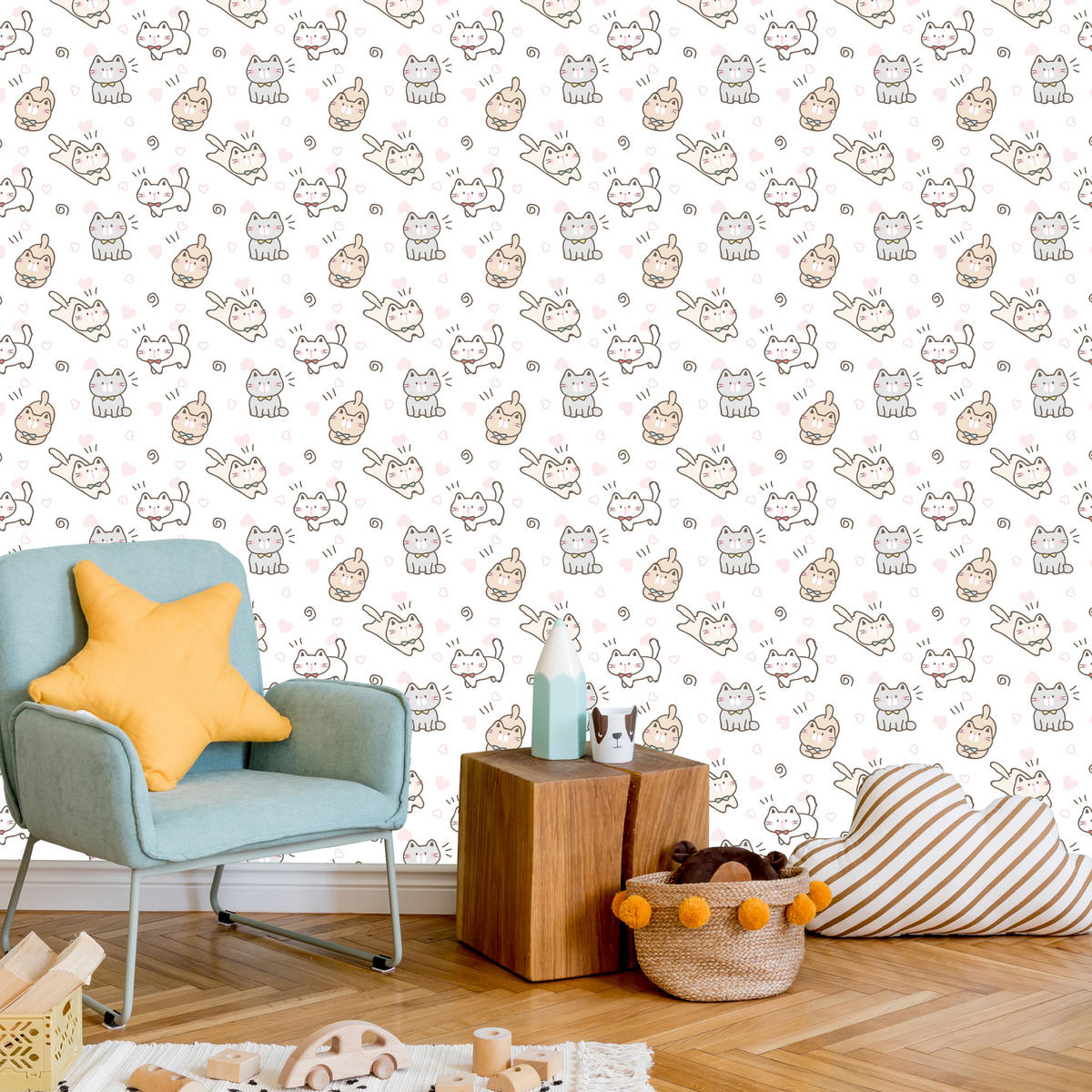 VLIESTAPETE Kätzchen und Herzen – Beige, Grau, Weiß – 50x1000 cm - Beige/Weiß, Papier (50/1000cm) - Muralo