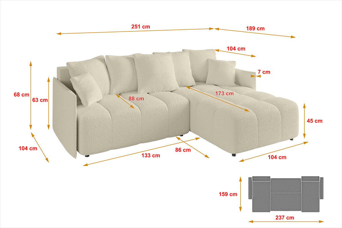 ECKSOFA Ottomane rechts LONLI-L 251x189x68 Creme Bouclé - Creme, Holzwerkstoff/Kunststoff (189/251cm) - ALTDECOR