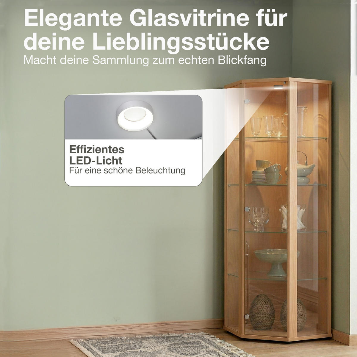 ECKVITRINE 56,5/56,5/176 cm mit LED - Transparent/Silberfarben, Glas/Holzwerkstoff (56.5/176/56.5cm) - K-Möbel