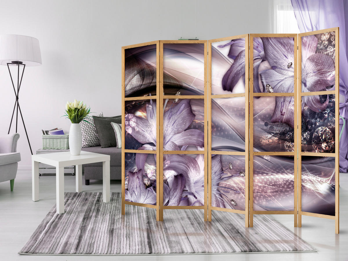 PARAVENT Japanischer 5-tlg 225x172 cm Lilien abstrakte Muster - Lila, Holz/Textil (225/172/3cm) - Muralo