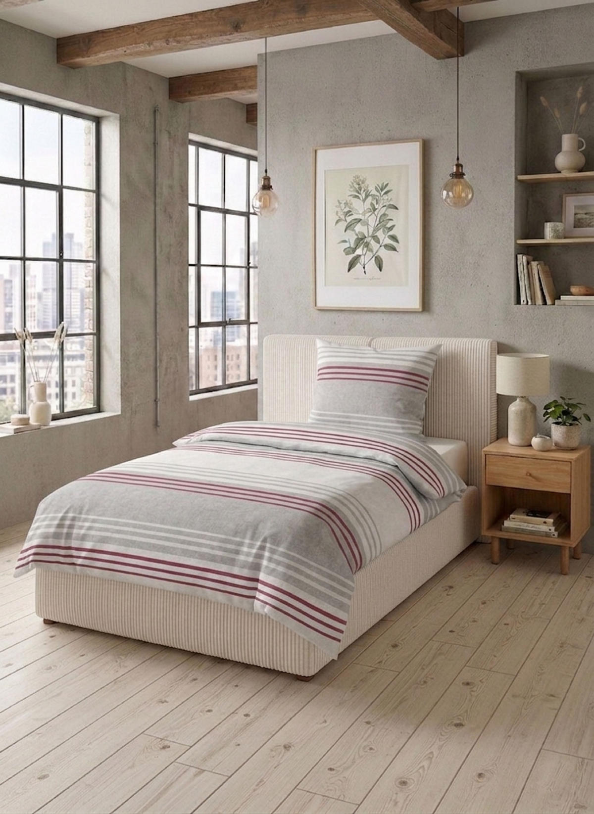 BETTWÄSCHE-GARNITUR Premium Melange Querstreifen burgund, 155x200 cm + 80x80 cm - Bordeaux, Textil (155/200cm) - biberna