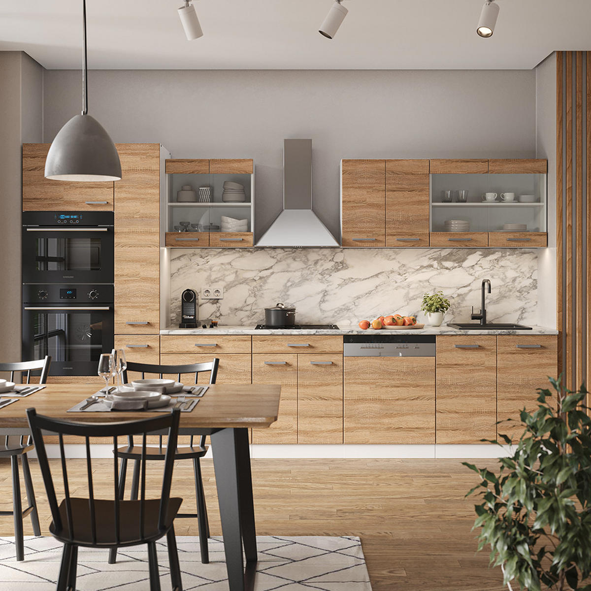 KÜCHENZEILE R-Line Sonoma/Weiß 350 cm mit Hochschrank, AP Anthrazit - Weiß/Sonoma Eiche, Holzwerkstoff (350/81.6/60cm) - Vicco