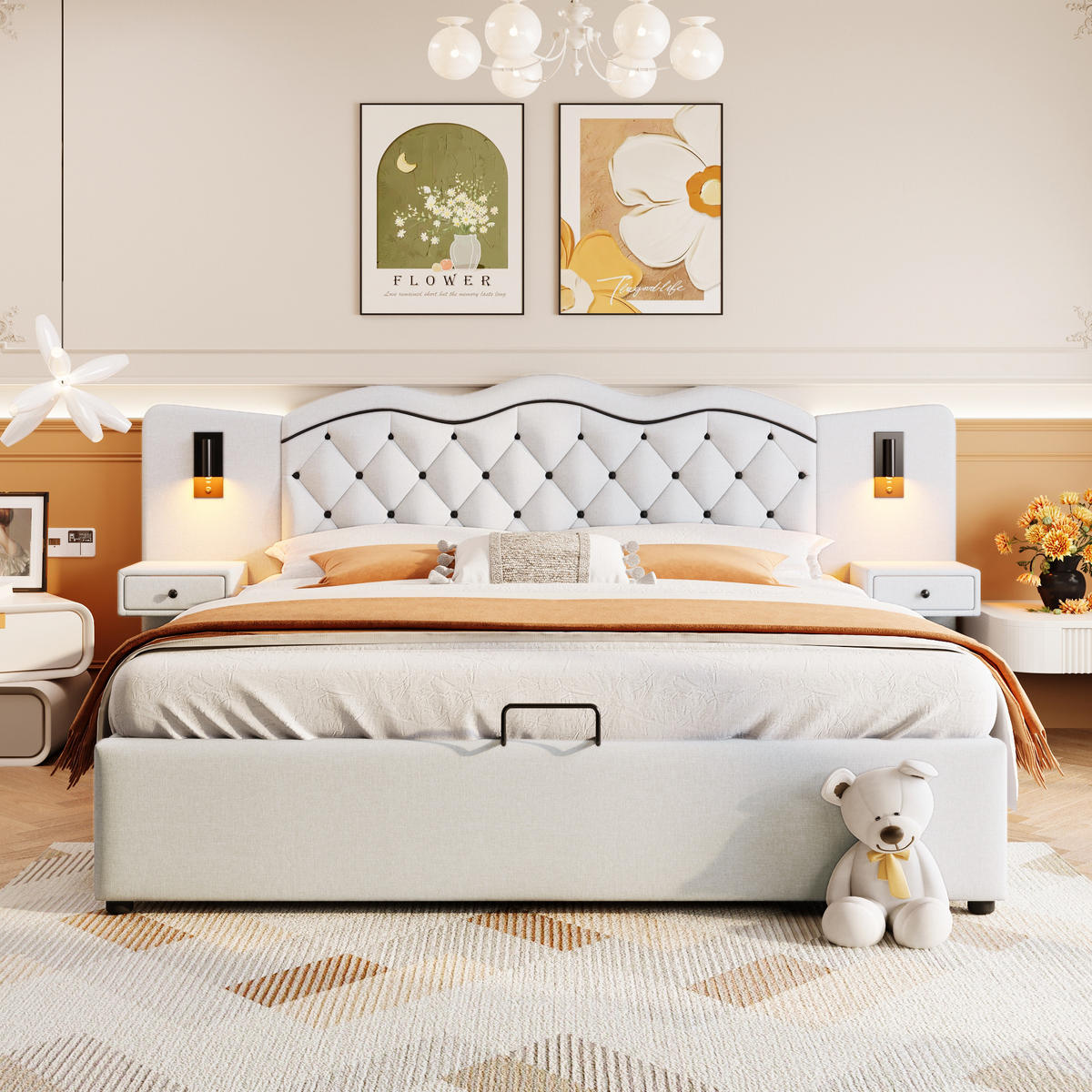 FLACHBETT 180x200cm Beige gepolstert Hydraulik USB 2 Nachttischlampen - Beige, Holz (180/200cm) - FLIEKS