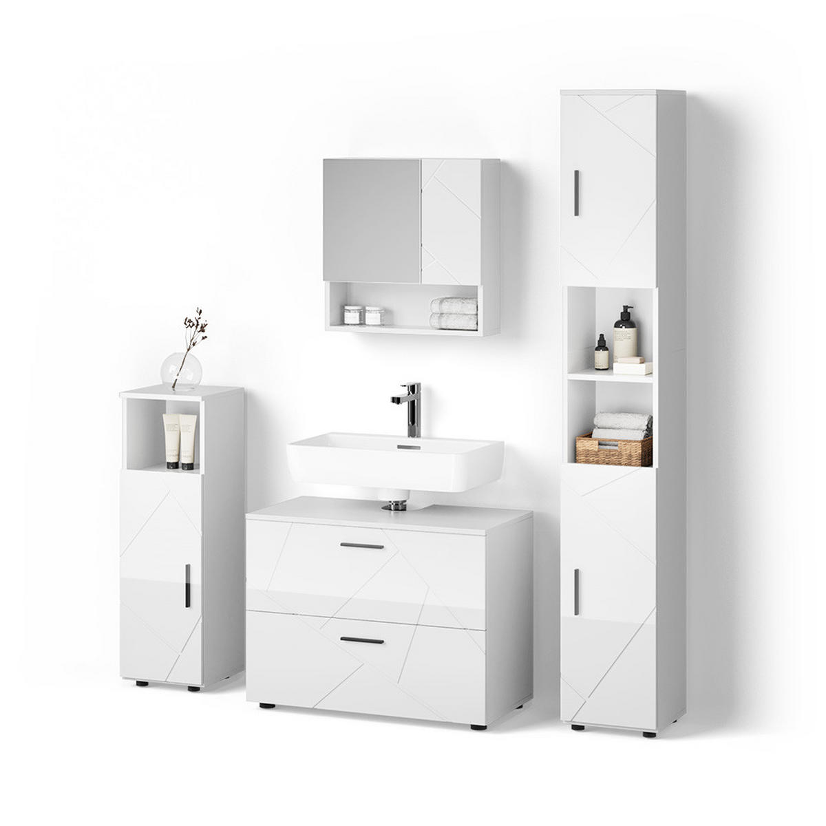 BADMÖBEL-SET Ronco Weiß Hochglanz 4 Teile, mit Schubladenschrank und Hochschrank - Weiß Hochglanz/Weiß, Holzwerkstoff (80/58/41cm) - Livinity®