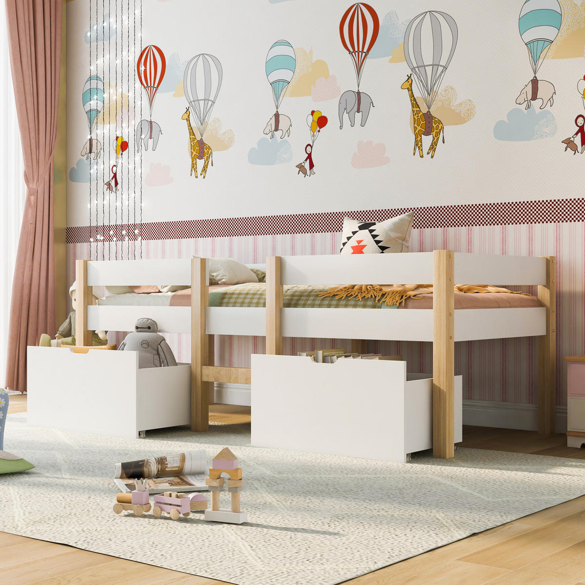 KINDEREINZELBETTEN aus Massivholz 90x200 cm in Weiß mit Schubladen & Rausfallschutz - Weiß, Holz (90/200cm) - Modfu