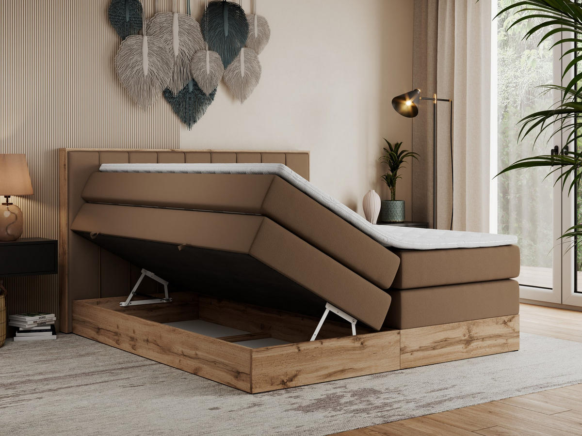 BOXSPRINGBETT BELLISSIMO KING 140/200 Braun Kunstleder - H3 - Braun, Holz/Textil (140/200cm) - MKS