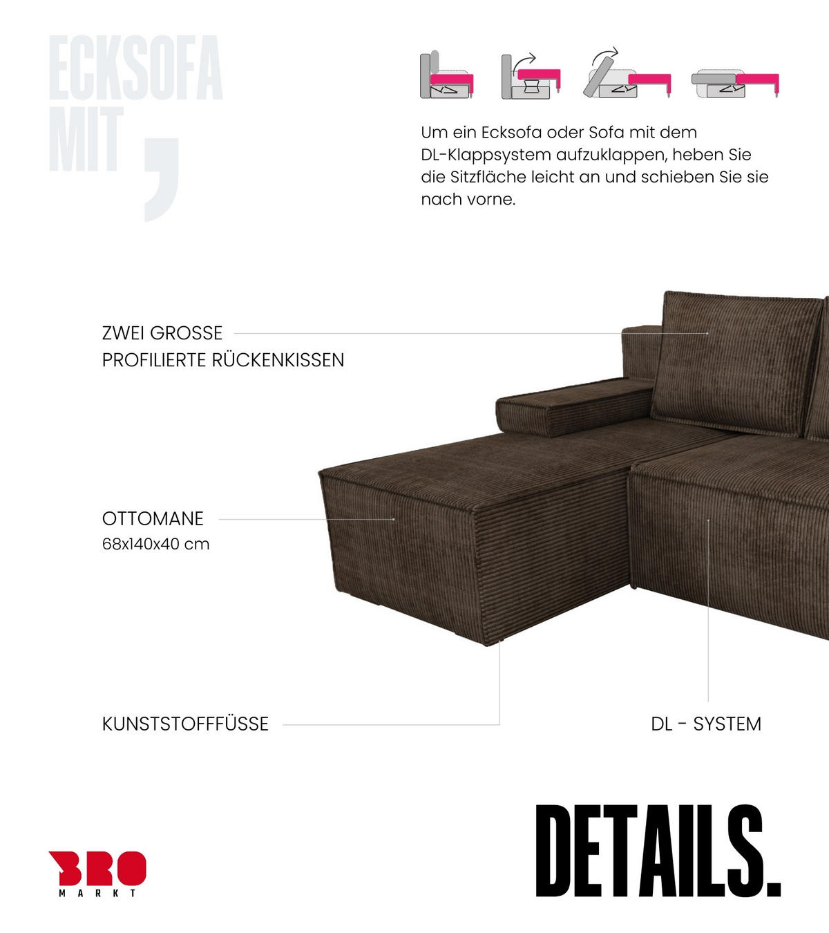 ECKSOFA Caspar mit Schlaffunktion Braun Cord - Braun, Textil (200/141cm) - Bromarkt