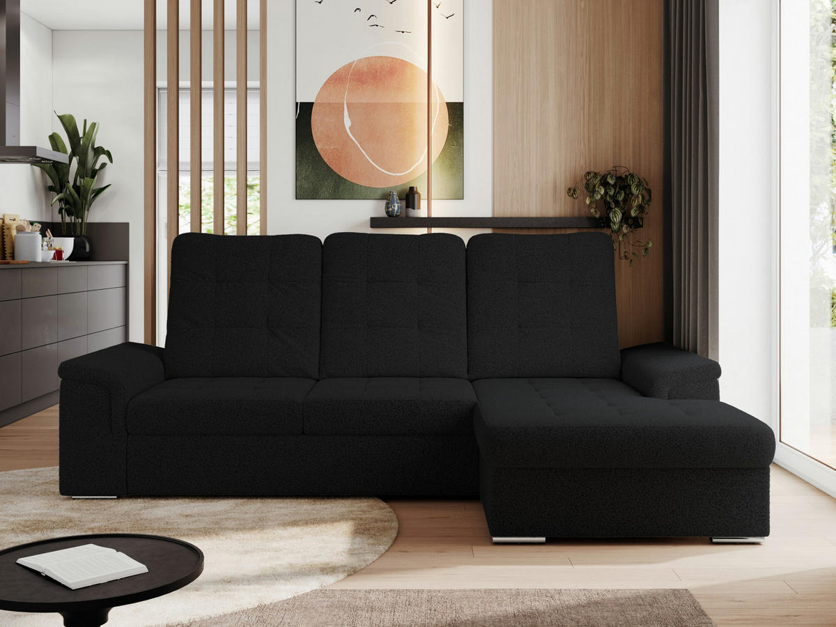 ECKSOFA MADRITO L - Schwarz Boucle - Rechts - Silberfarben/Schwarz, Textil/Metall (256/160cm)